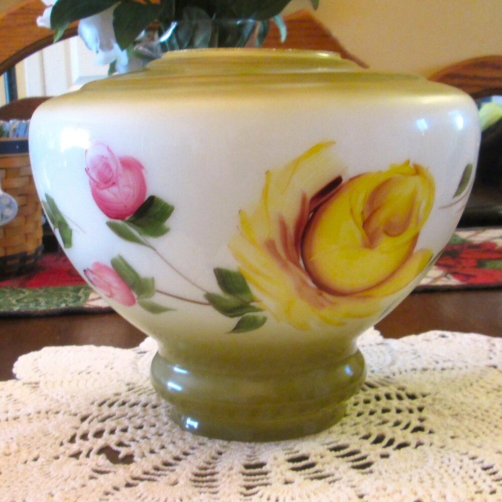 Antique oil base/shade milk glass hurricane handpainted Queen Elizabeth floral s